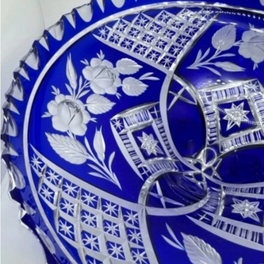 Vintage Czech bohemian crystal bowl pedestal, cobalt blue cut clear rare 10.5